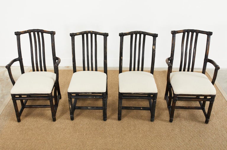 Lacquered Set of Four McGuire Rattan Chinese Officials Hat Dining Chairs For Sale