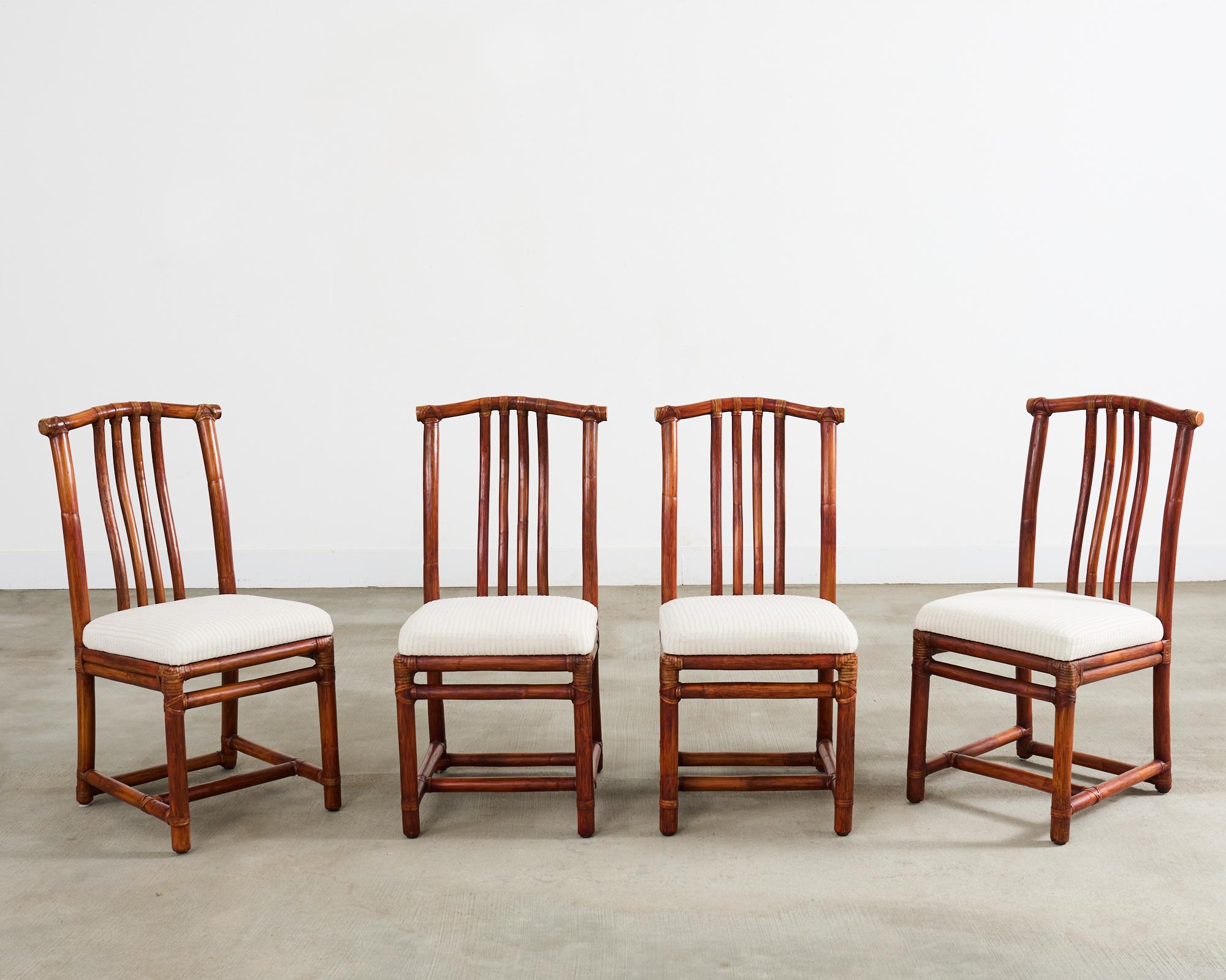 Lacquered Set of Four McGuire Rattan Chinese Officials Hat Dining Chairs For Sale