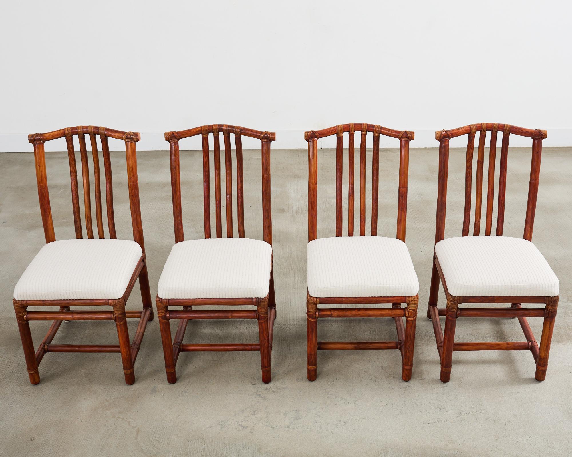 Set of Four McGuire Rattan Chinese Officials Hat Dining Chairs In Good Condition For Sale In Rio Vista, CA