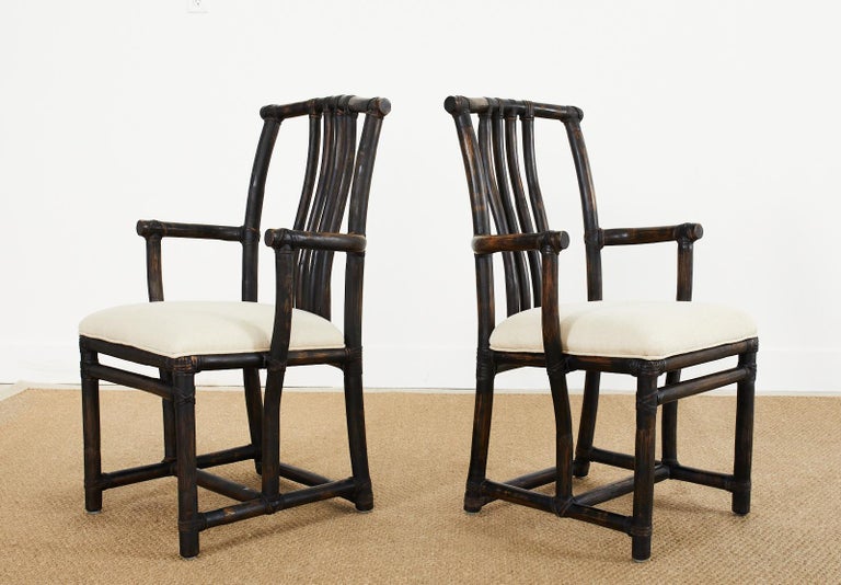 20th Century Set of Four McGuire Rattan Chinese Officials Hat Dining Chairs For Sale