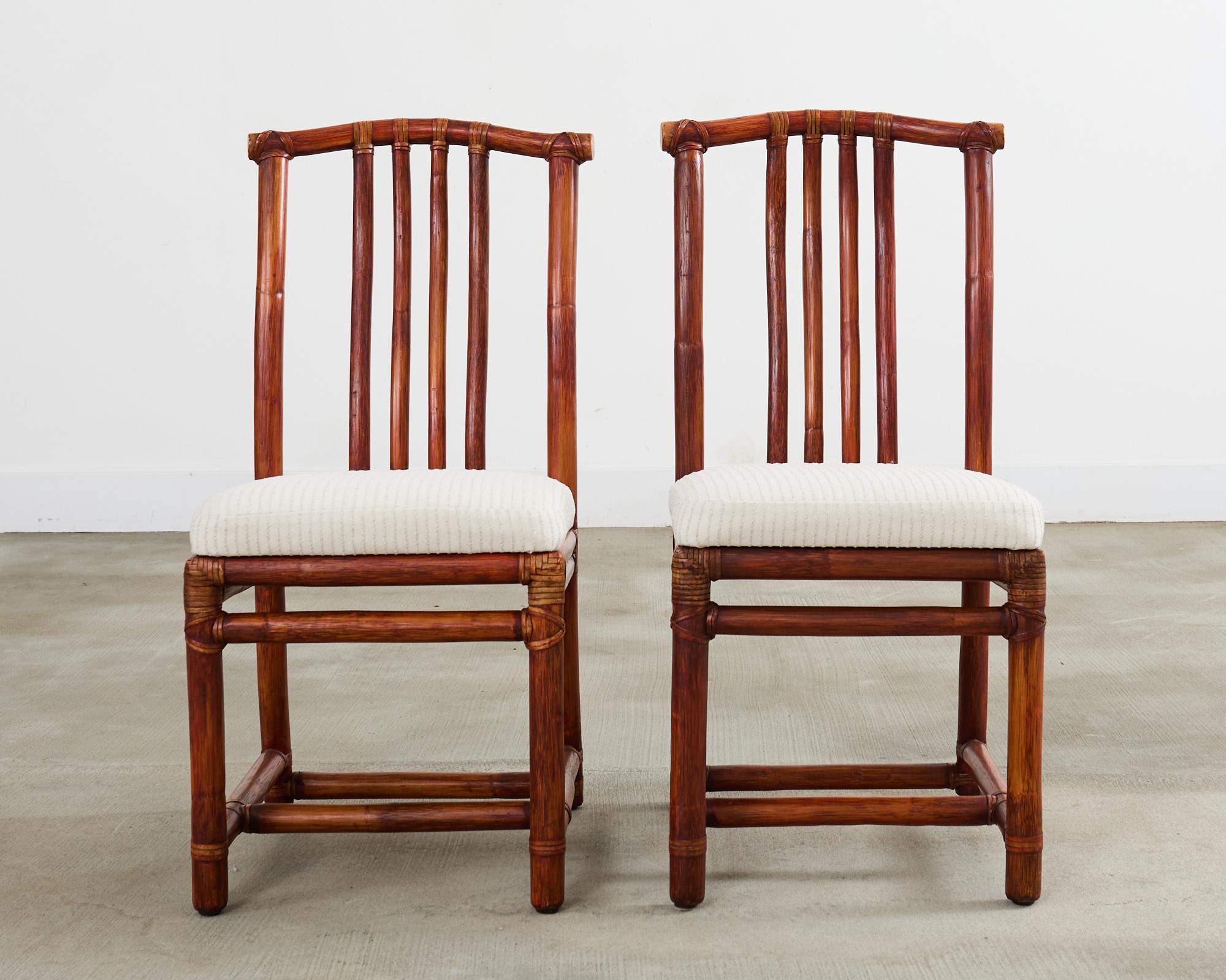 20th Century Set of Four McGuire Rattan Chinese Officials Hat Dining Chairs For Sale