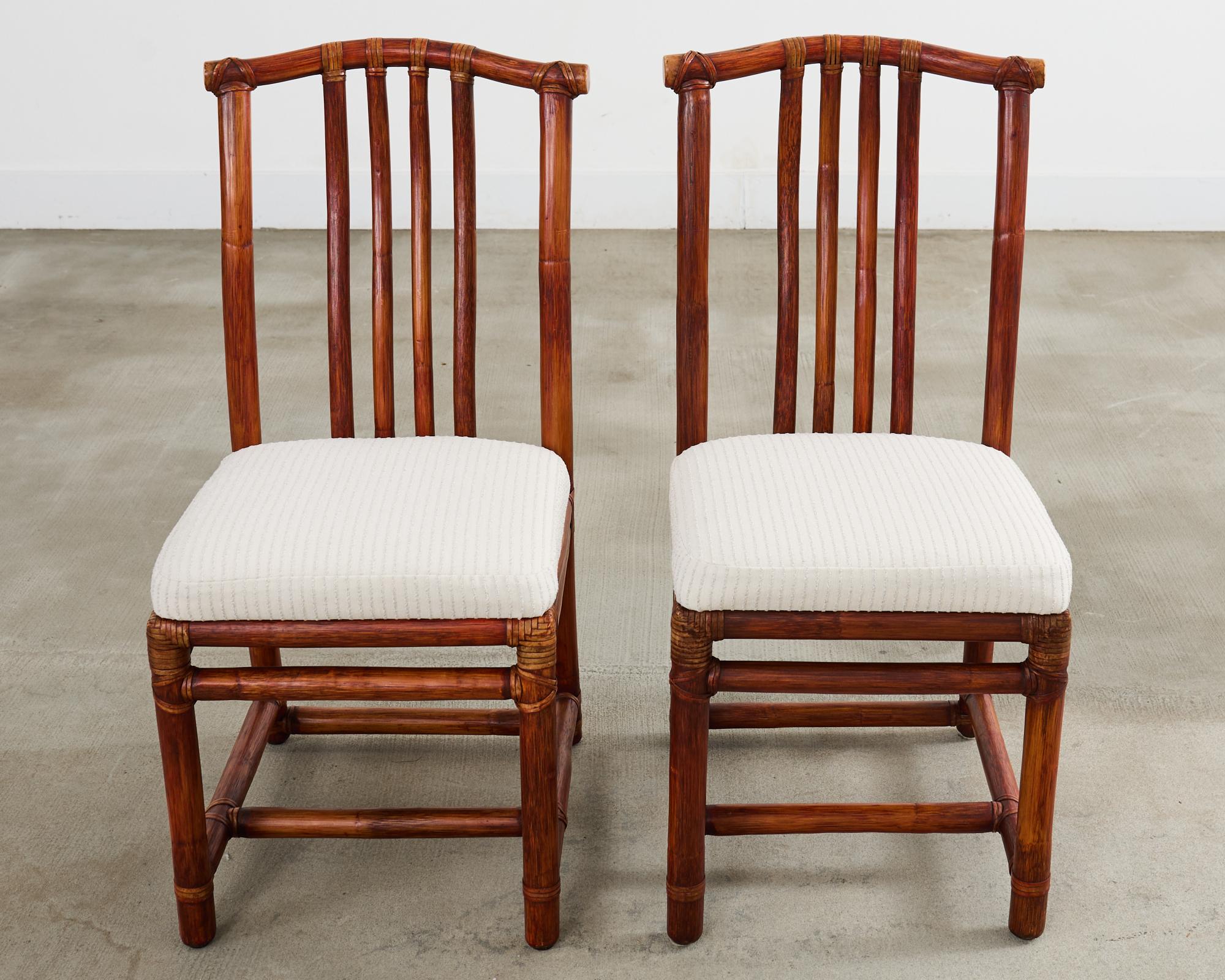 Leather Set of Four McGuire Rattan Chinese Officials Hat Dining Chairs For Sale