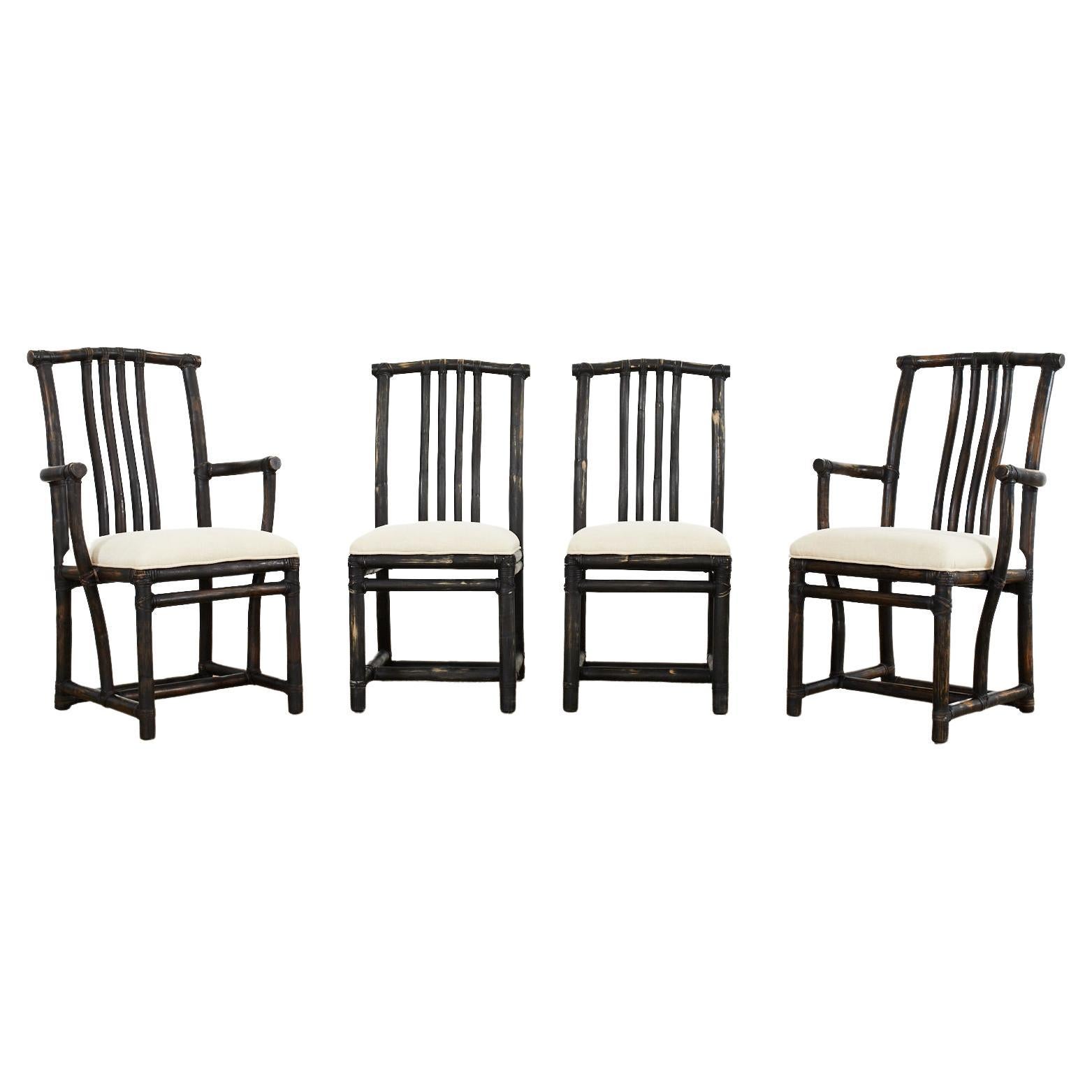 Set of Four McGuire Rattan Chinese Officials Hat Dining Chairs