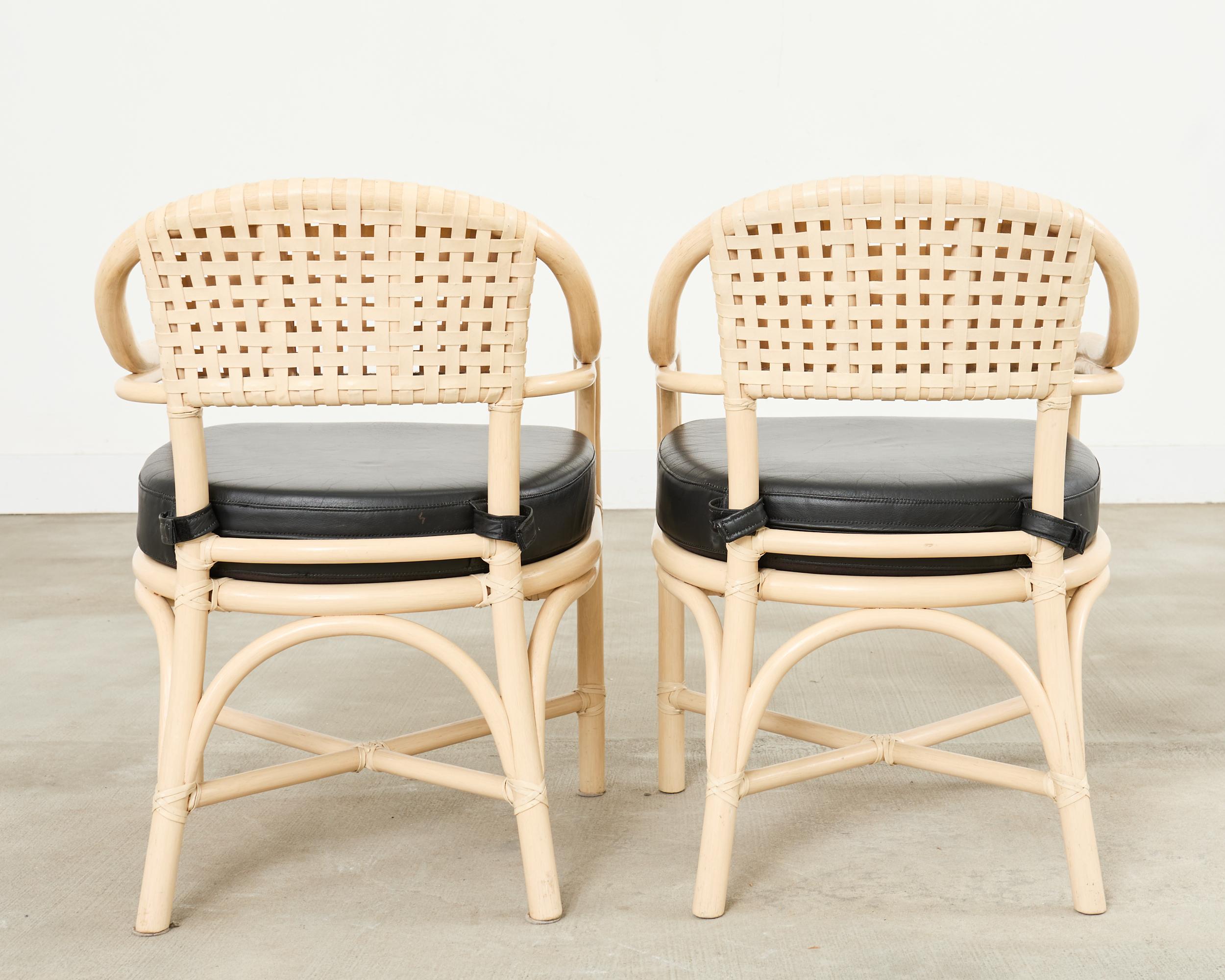 Set of Four McGuire Rattan Laced Rawhide Barrel Armchairs For Sale 5