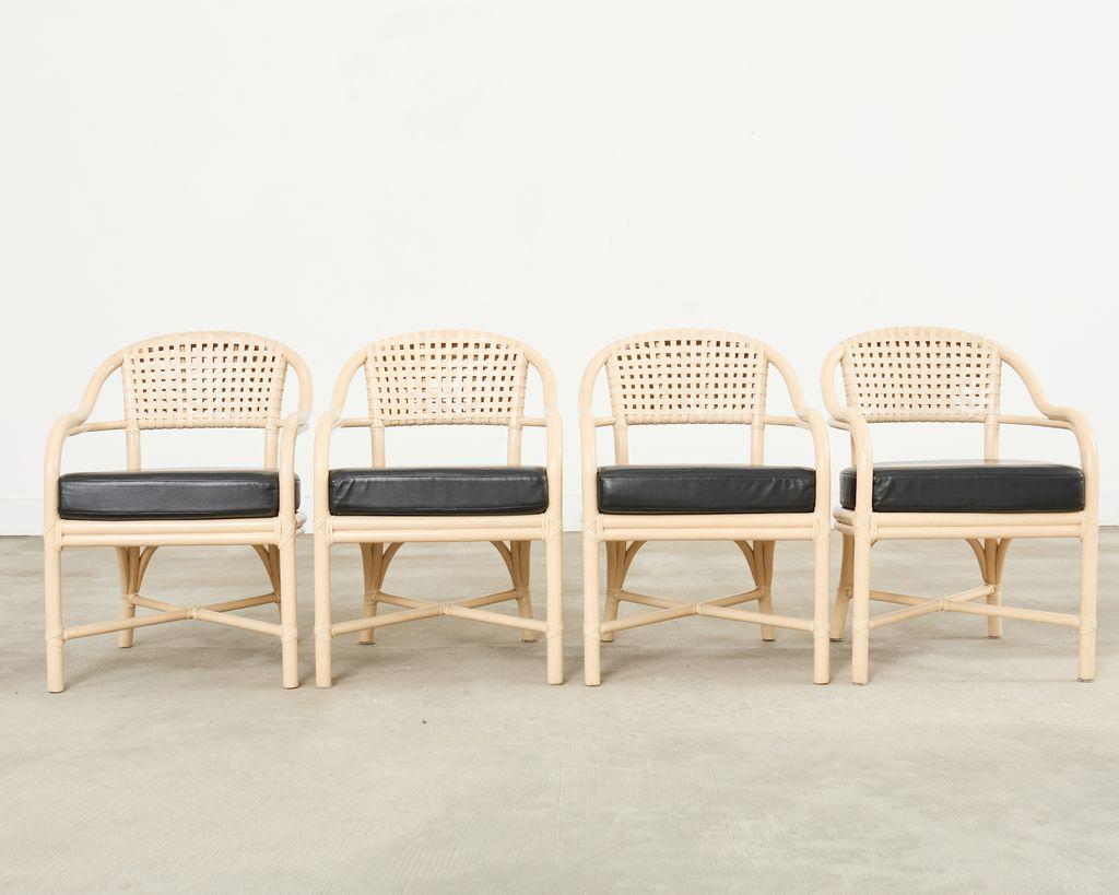Organic Modern Set of Four McGuire Rattan Laced Rawhide Barrel Armchairs For Sale