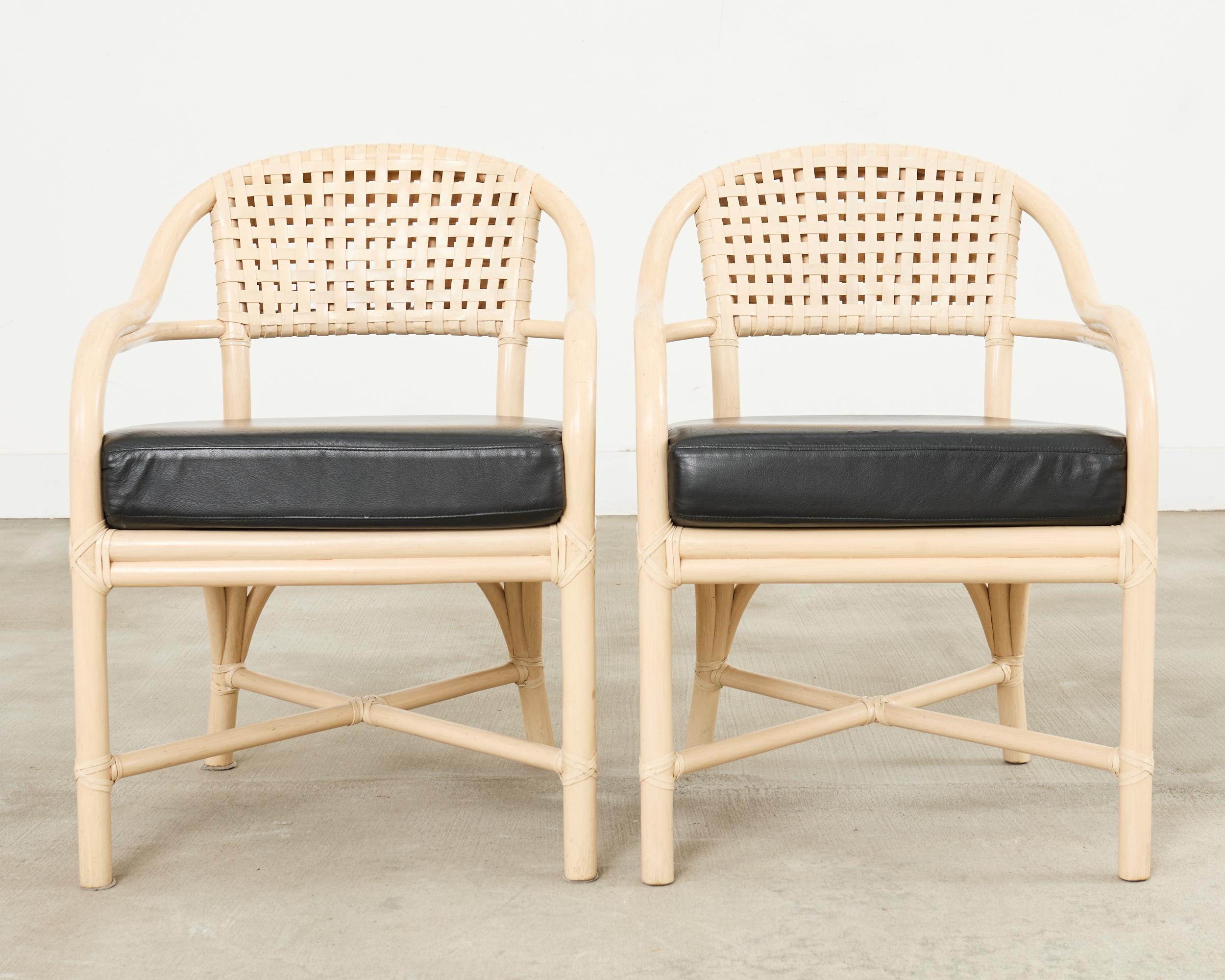 Hand-Crafted Set of Four McGuire Rattan Laced Rawhide Barrel Armchairs For Sale