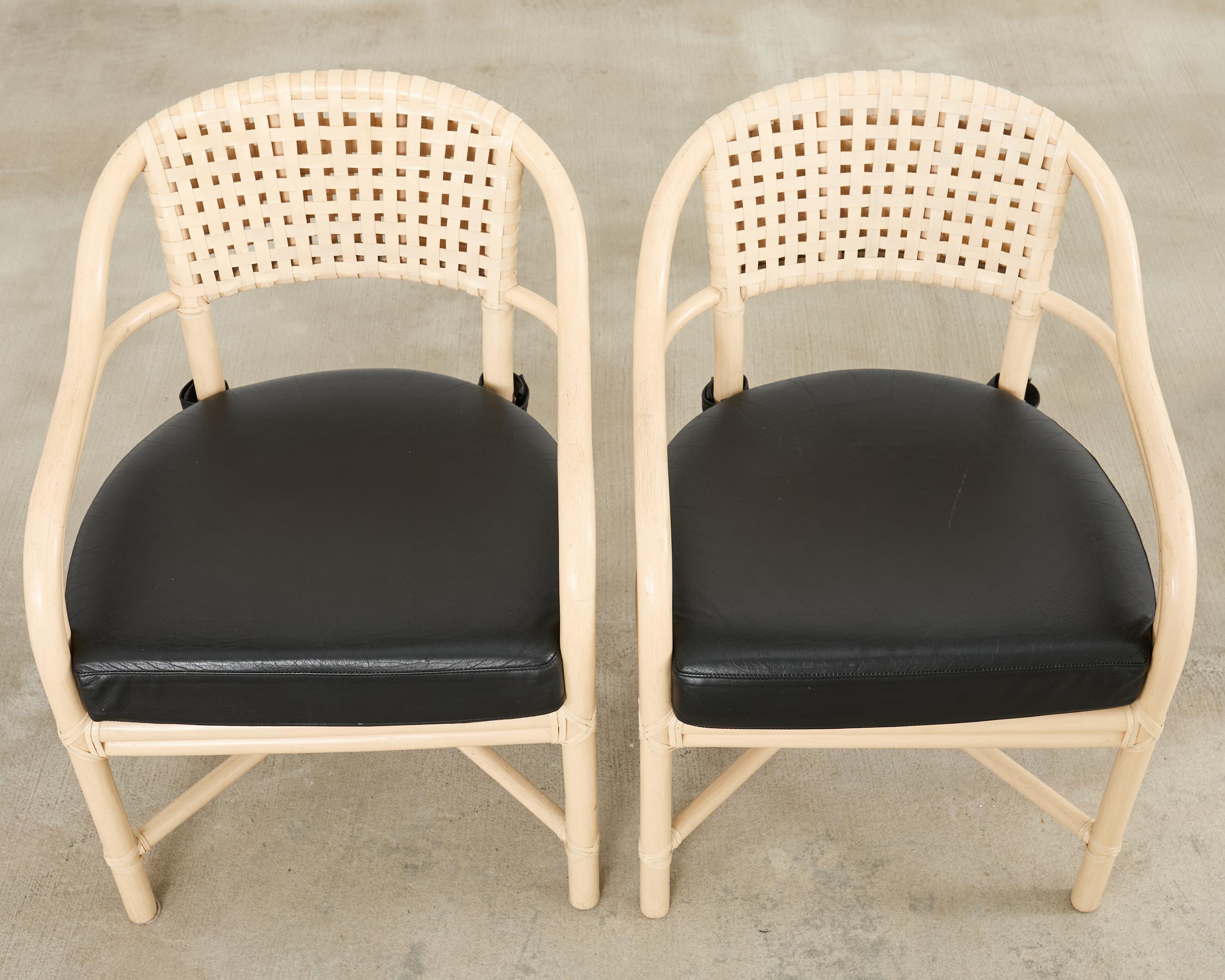 Set of Four McGuire Rattan Laced Rawhide Barrel Armchairs In Good Condition For Sale In Rio Vista, CA
