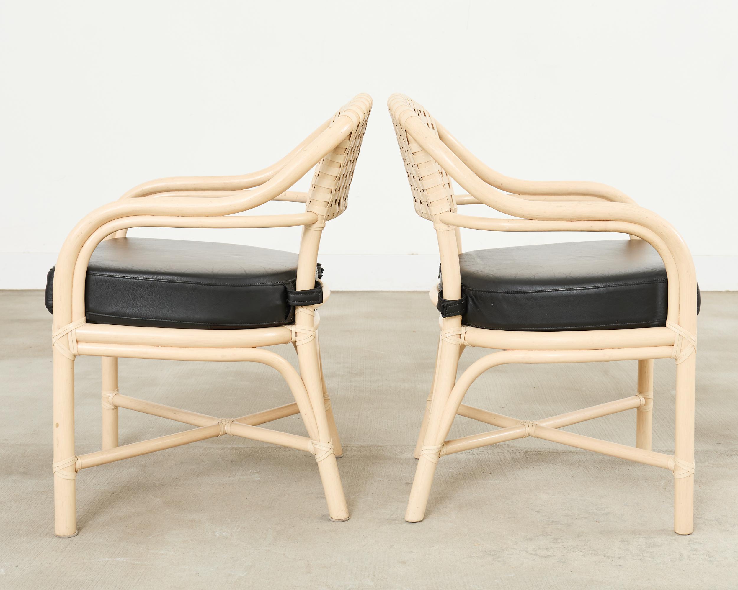Leather Set of Four McGuire Rattan Laced Rawhide Barrel Armchairs For Sale