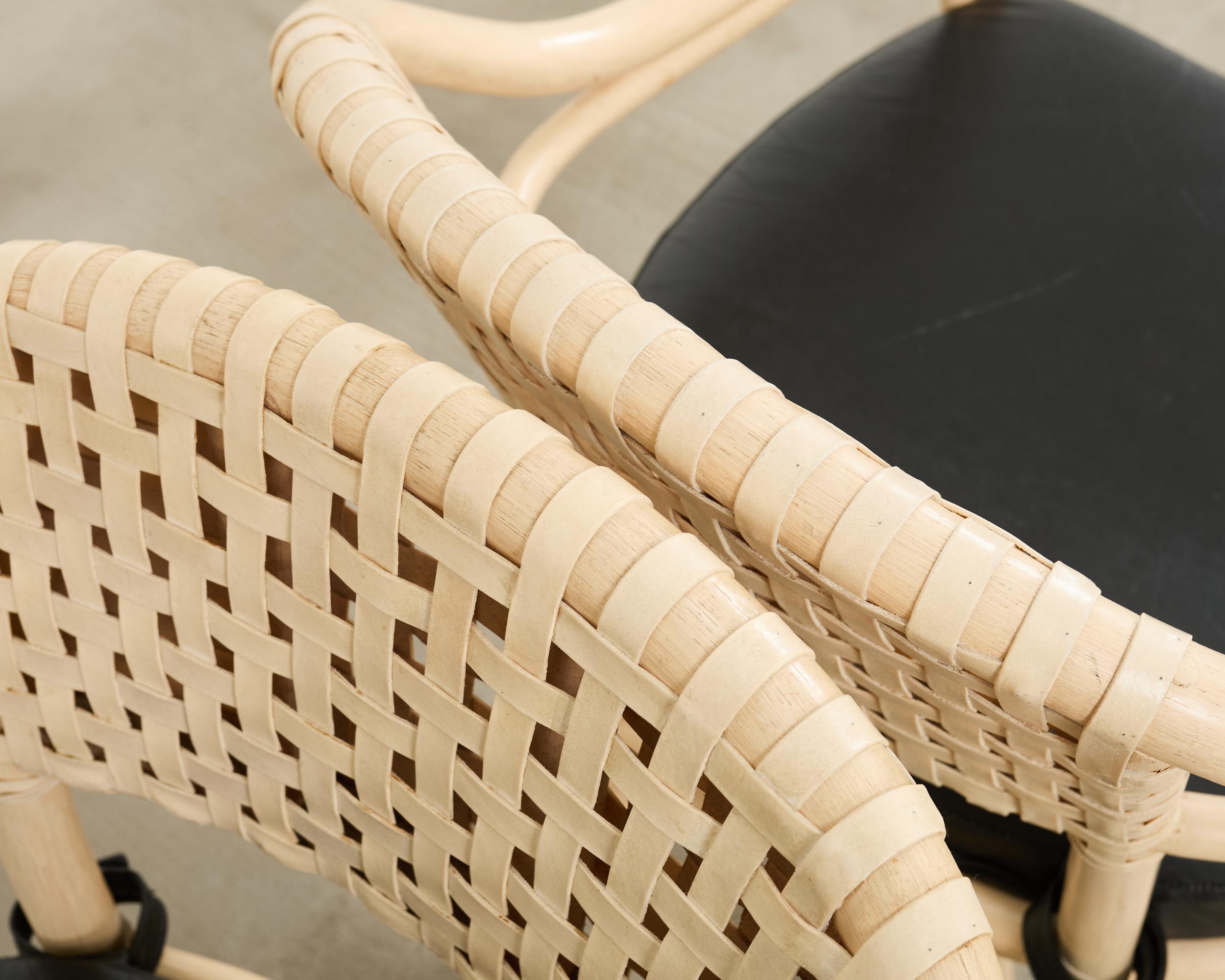 Set of Four McGuire Rattan Laced Rawhide Barrel Armchairs For Sale 1