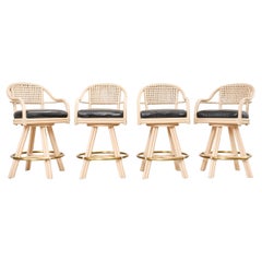 Set of Four McGuire Rattan Leather Swivel Bar Stools