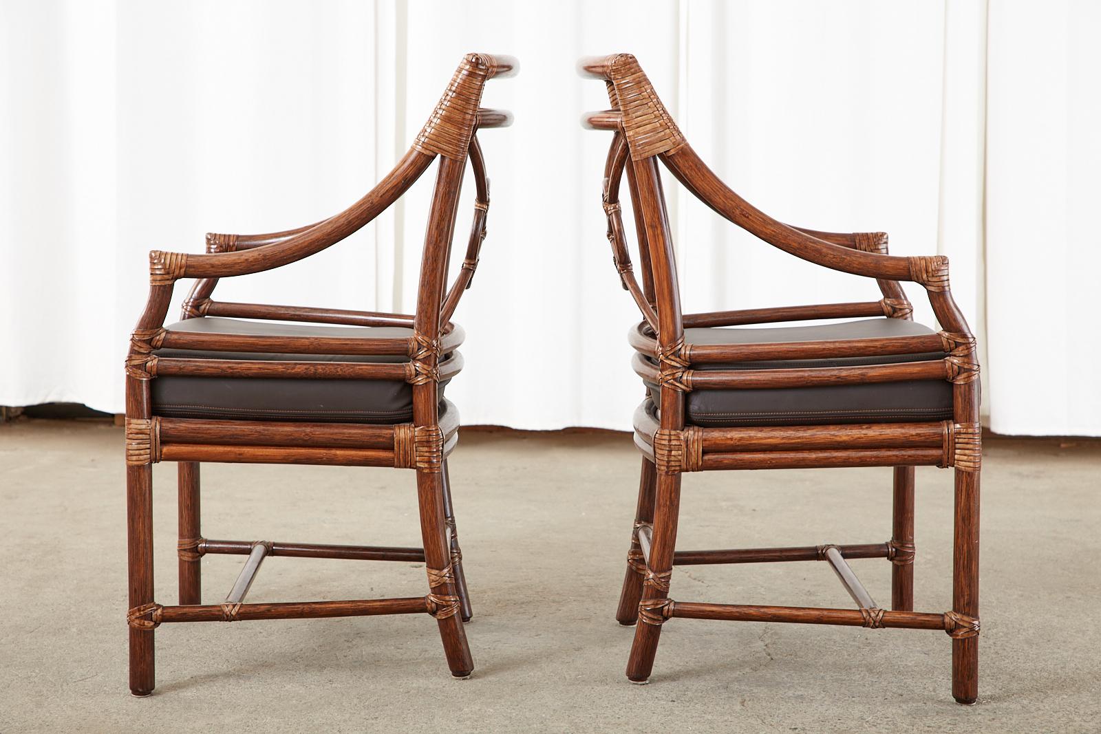Set of Four McGuire Rattan Leather Target Dining Armchairs 3