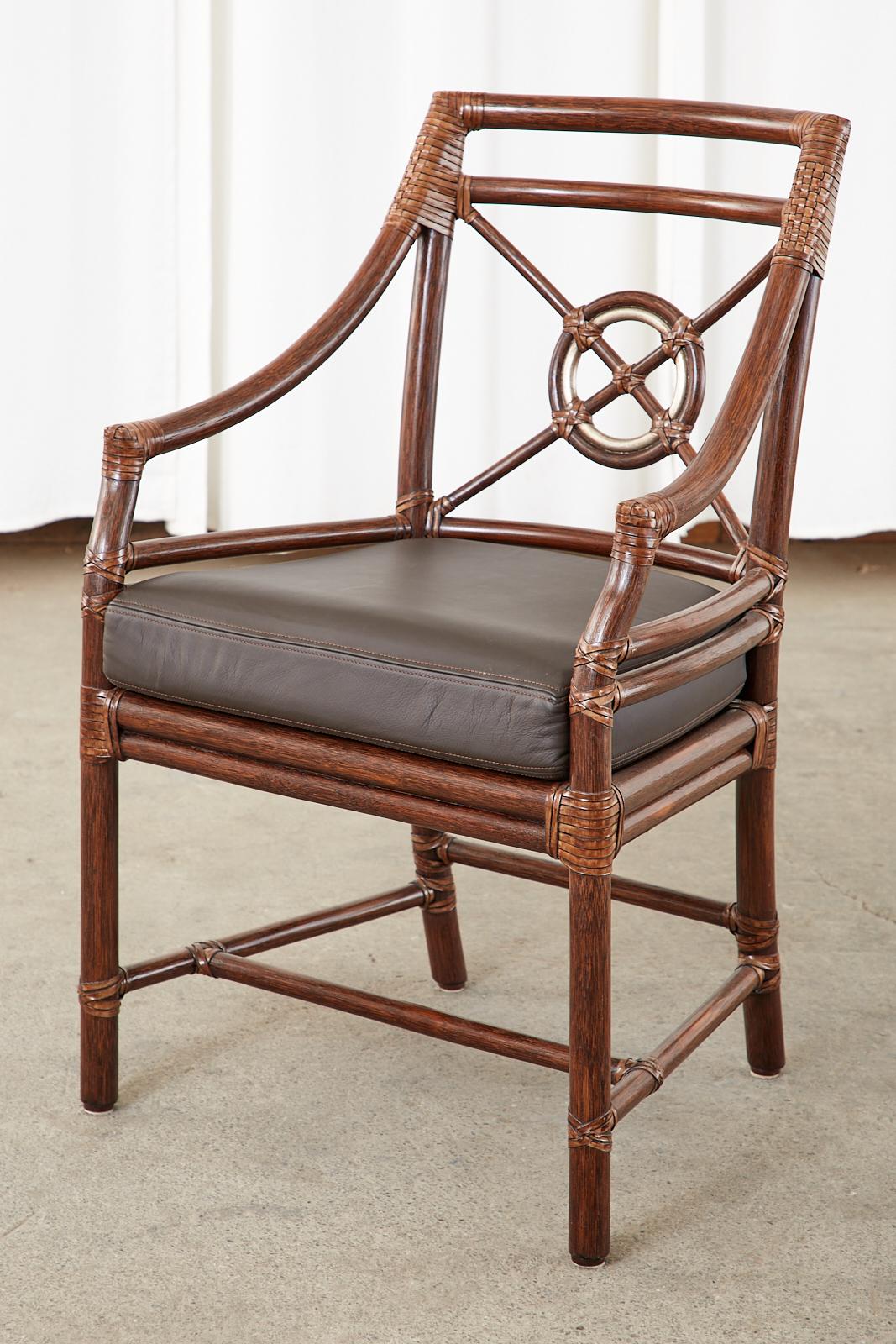 Set of Four McGuire Rattan Leather Target Dining Armchairs 4