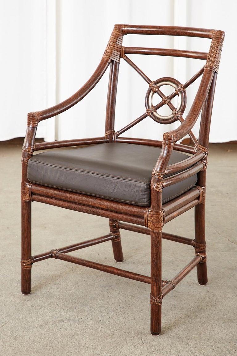 Set of Four McGuire Rattan Leather Target Dining Armchairs at 1stDibs