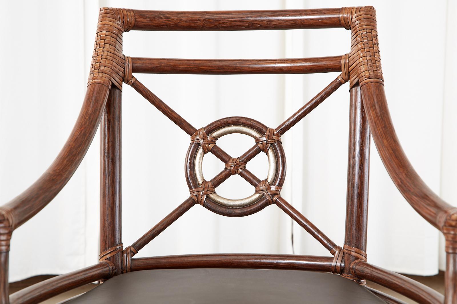 Set of Four McGuire Rattan Leather Target Dining Armchairs 5