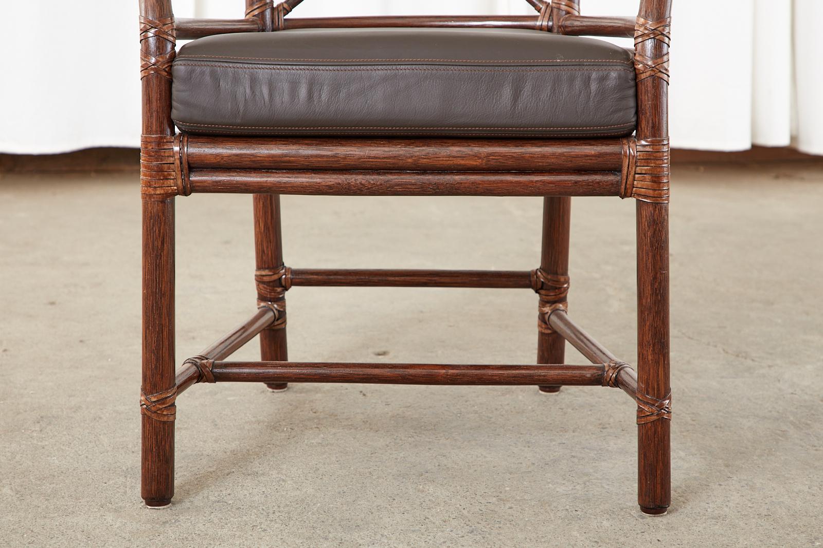 Set of Four McGuire Rattan Leather Target Dining Armchairs 6