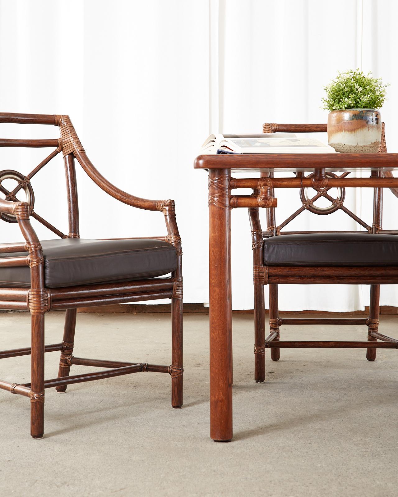 Set of Four McGuire Rattan Leather Target Dining Armchairs 7