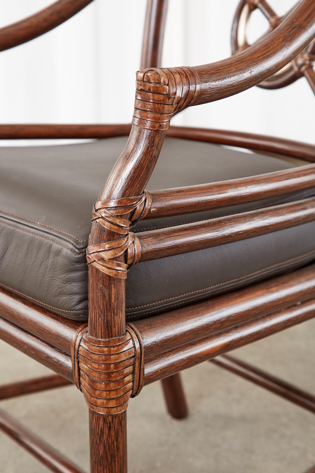 Set of Four McGuire Rattan Leather Target Dining Armchairs 9