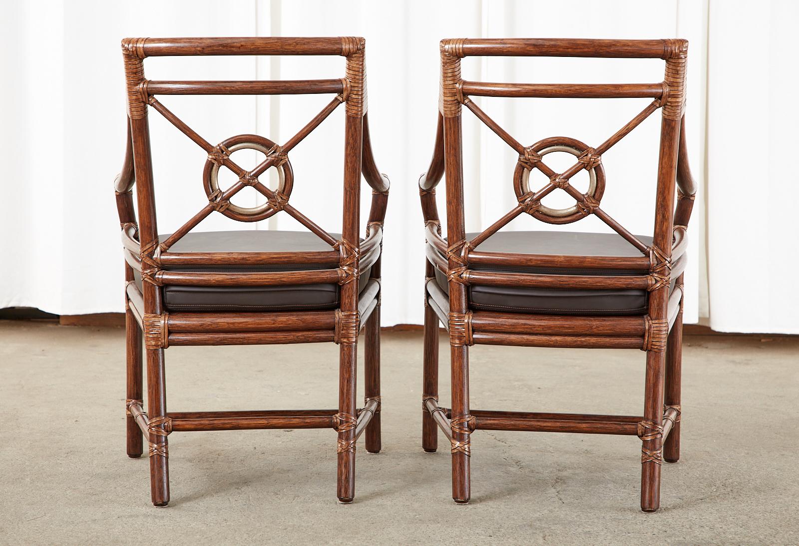 Set of Four McGuire Rattan Leather Target Dining Armchairs 13
