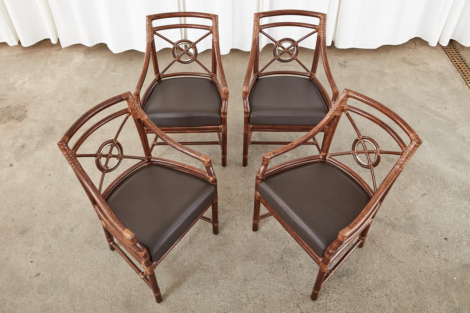 Organic Modern Set of Four McGuire Rattan Leather Target Dining Armchairs