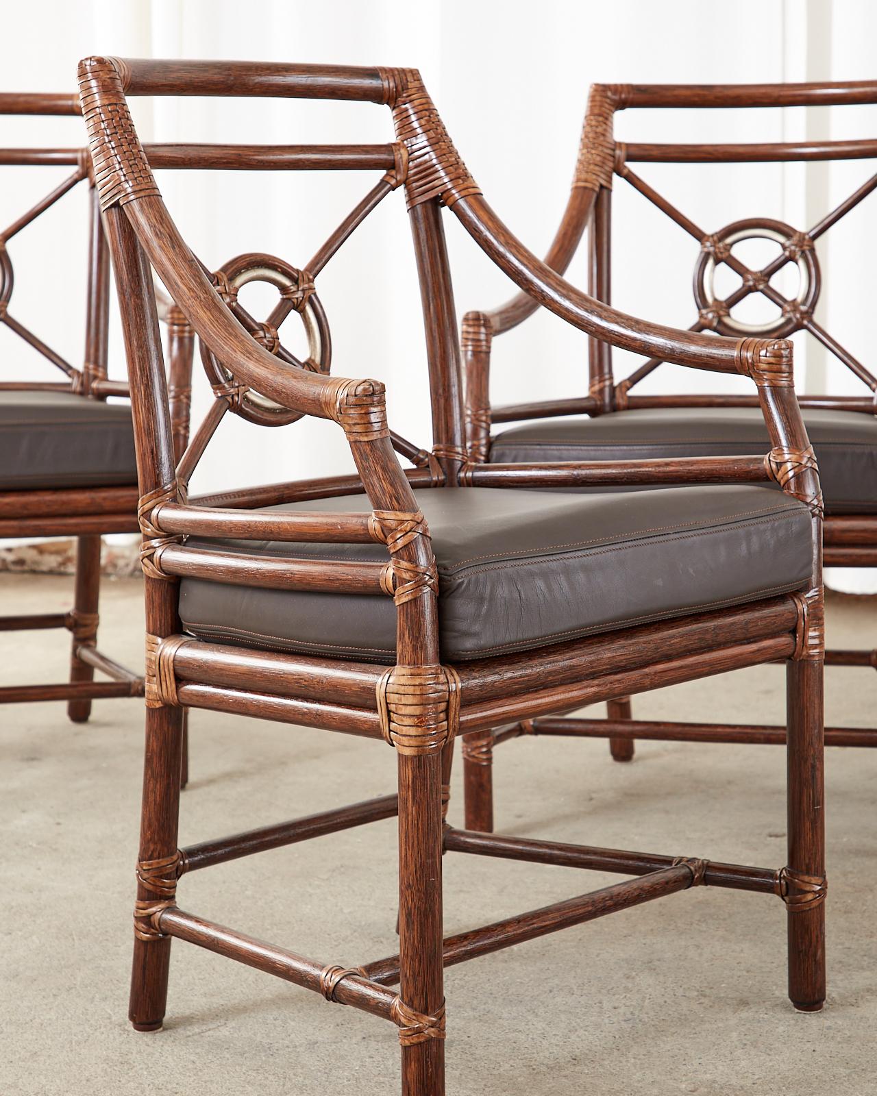 American Set of Four McGuire Rattan Leather Target Dining Armchairs