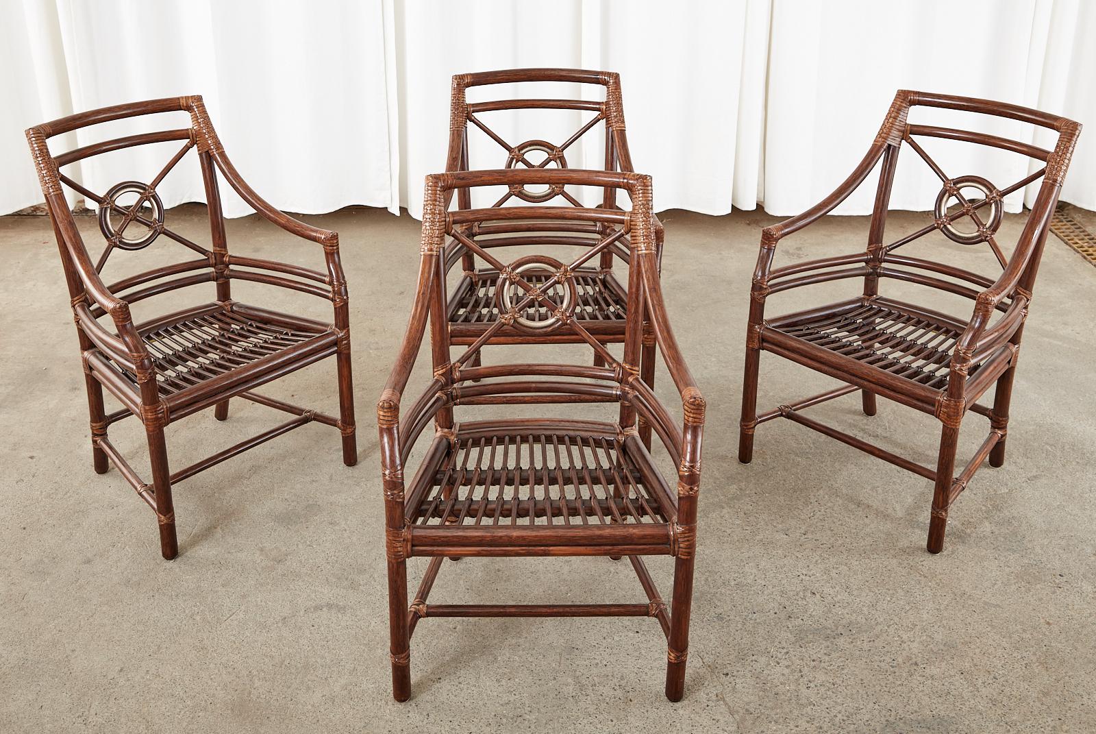 Hand-Crafted Set of Four McGuire Rattan Leather Target Dining Armchairs