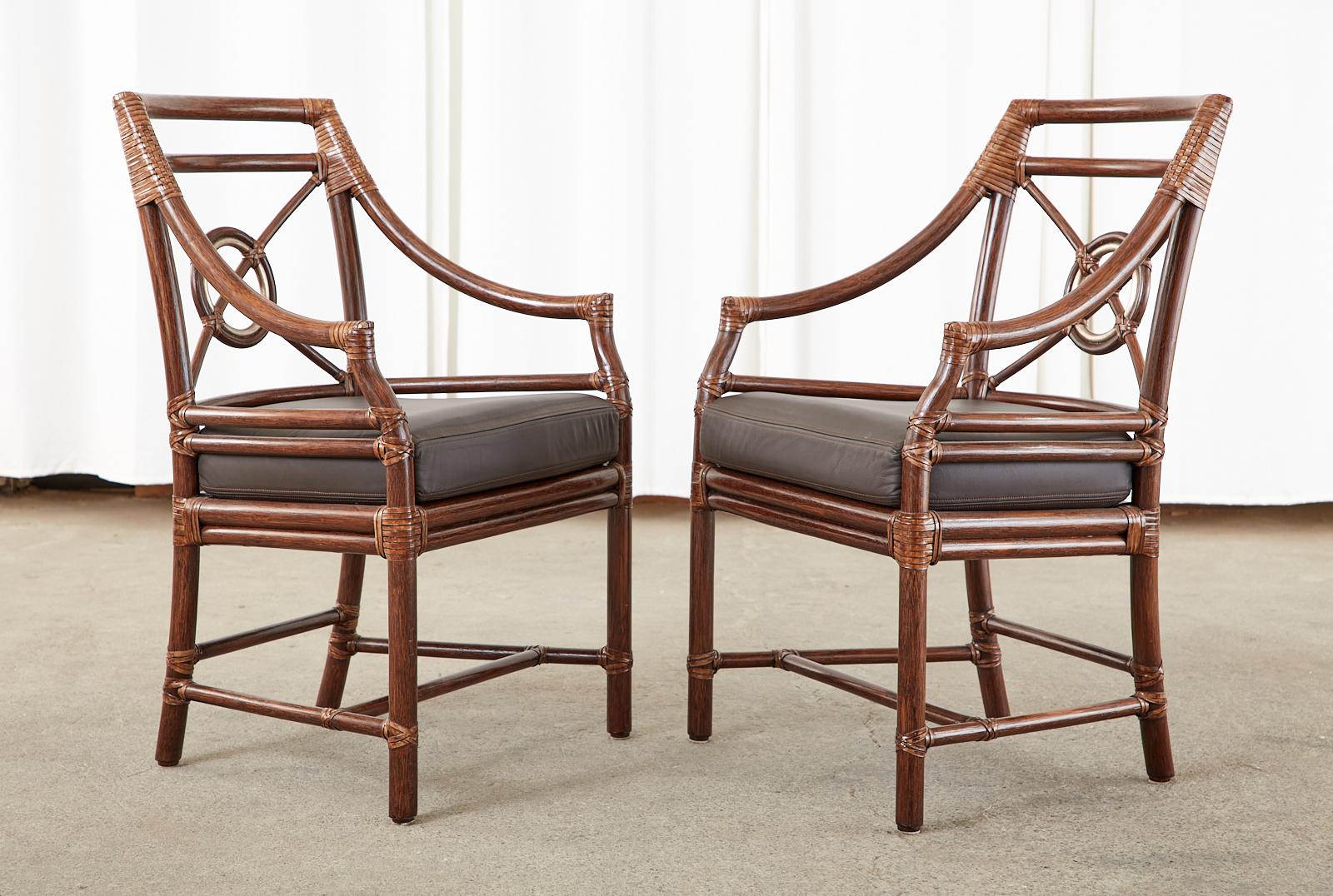 Set of Four McGuire Rattan Leather Target Dining Armchairs In Good Condition In Rio Vista, CA