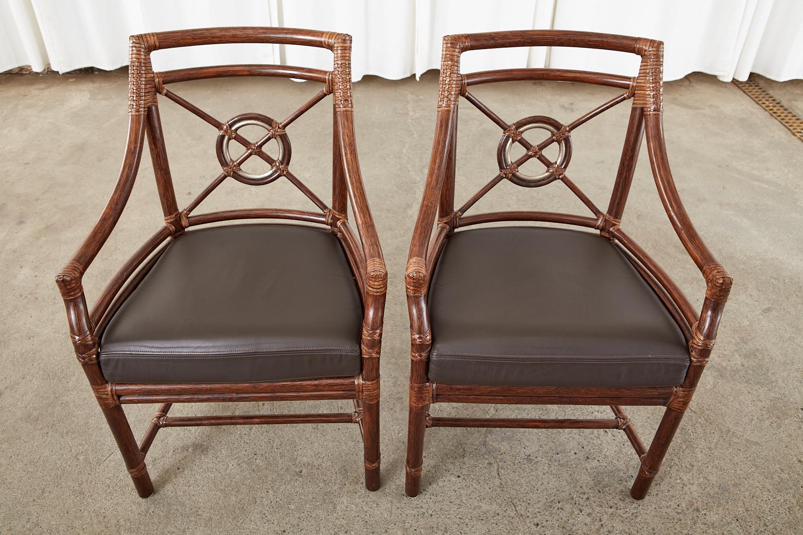 Set of Four McGuire Rattan Leather Target Dining Armchairs 2