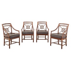 Set of Four McGuire Rattan Leather Target Dining Armchairs