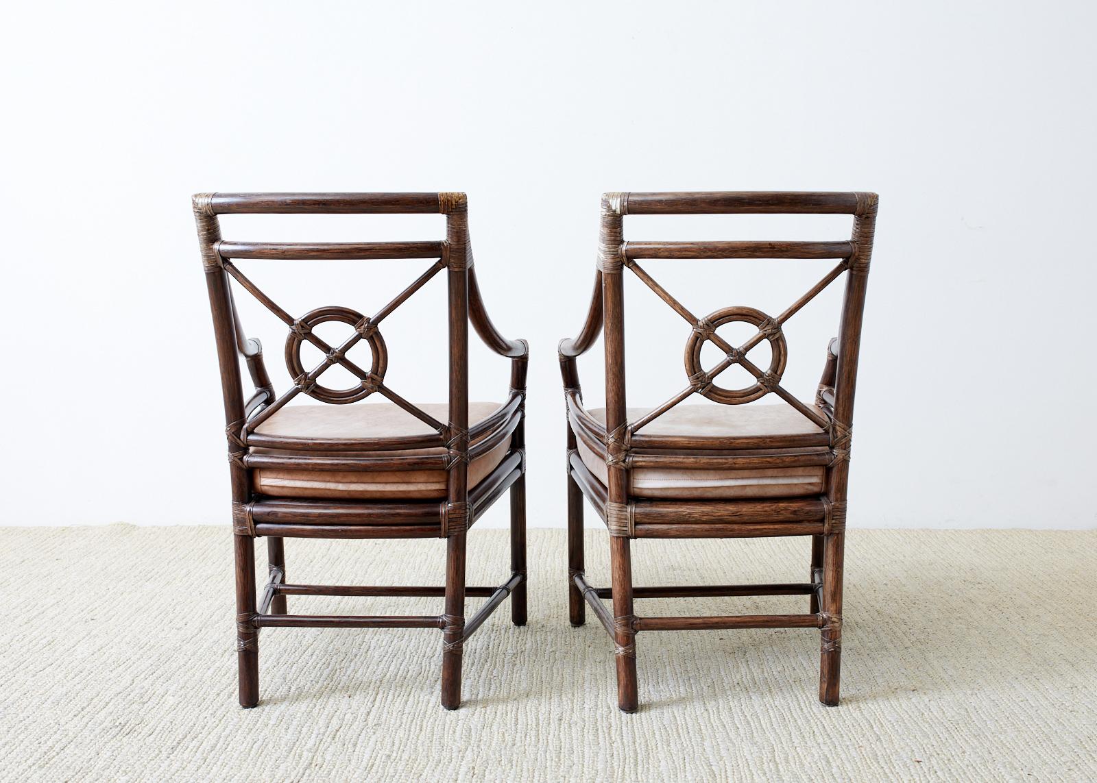 Set of Four McGuire Rattan Leather Target Dining Chairs 6