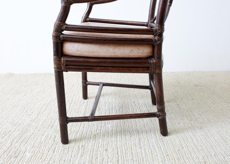 Set of Four McGuire Rattan Leather Target Dining Chairs at 1stDibs