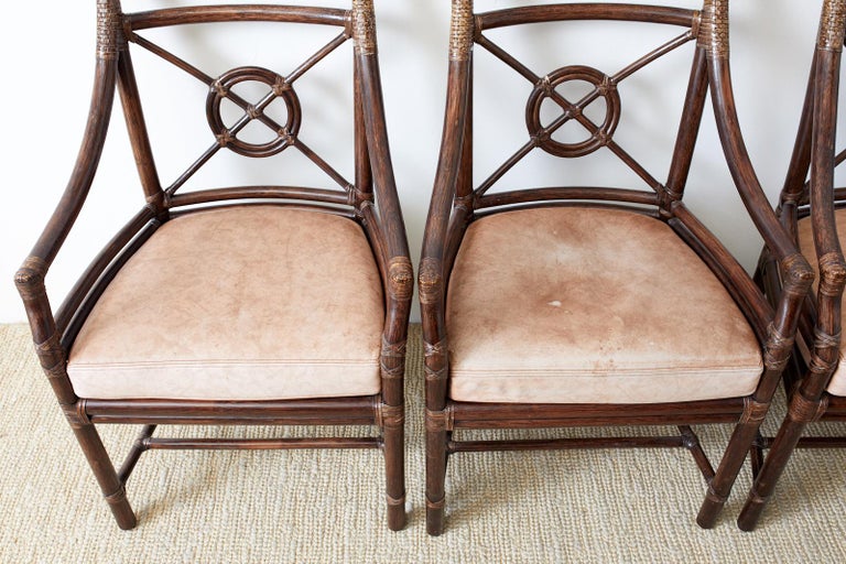 Set of Four McGuire Rattan Leather Target Dining Chairs at 1stDibs
