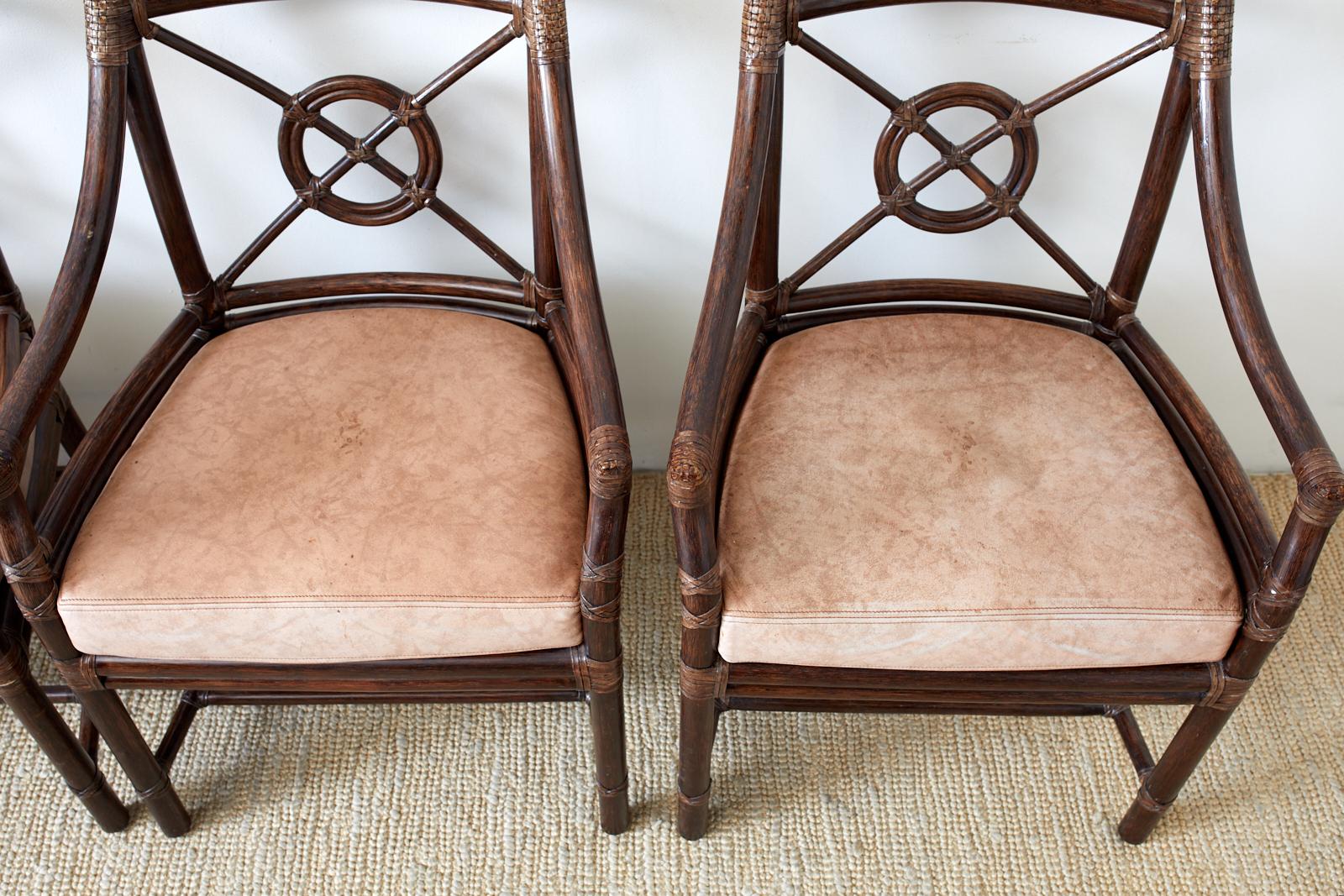 North American Set of Four McGuire Rattan Leather Target Dining Chairs