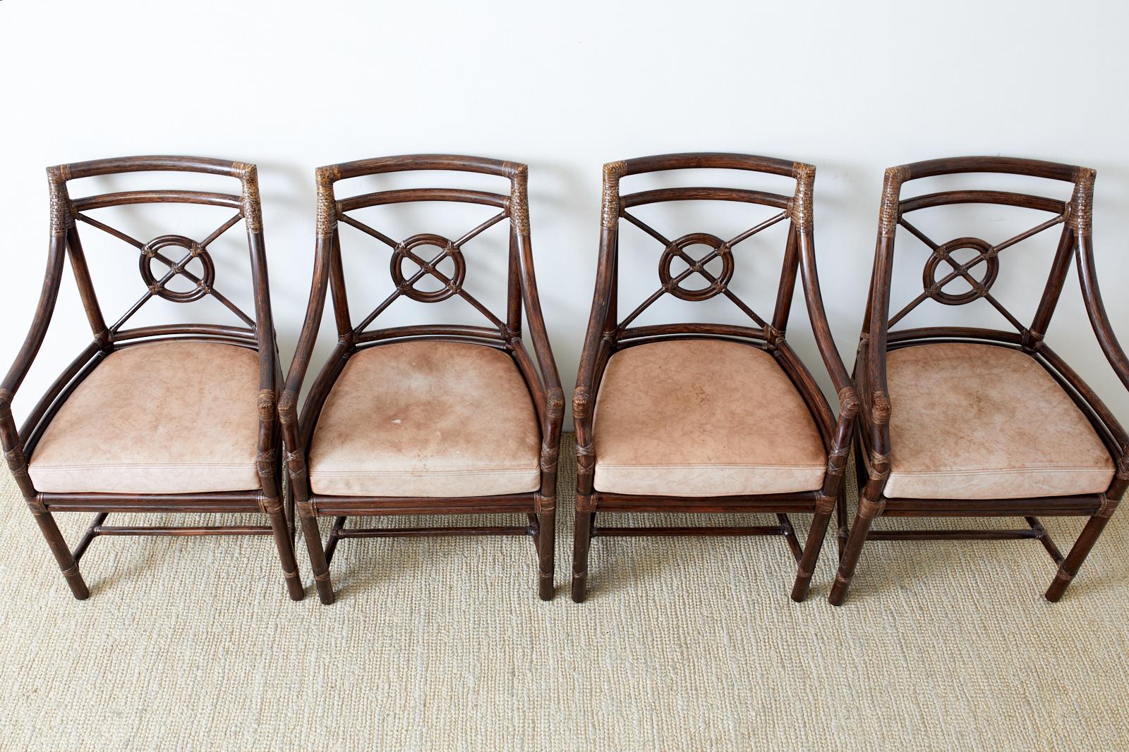 Hand-Crafted Set of Four McGuire Rattan Leather Target Dining Chairs