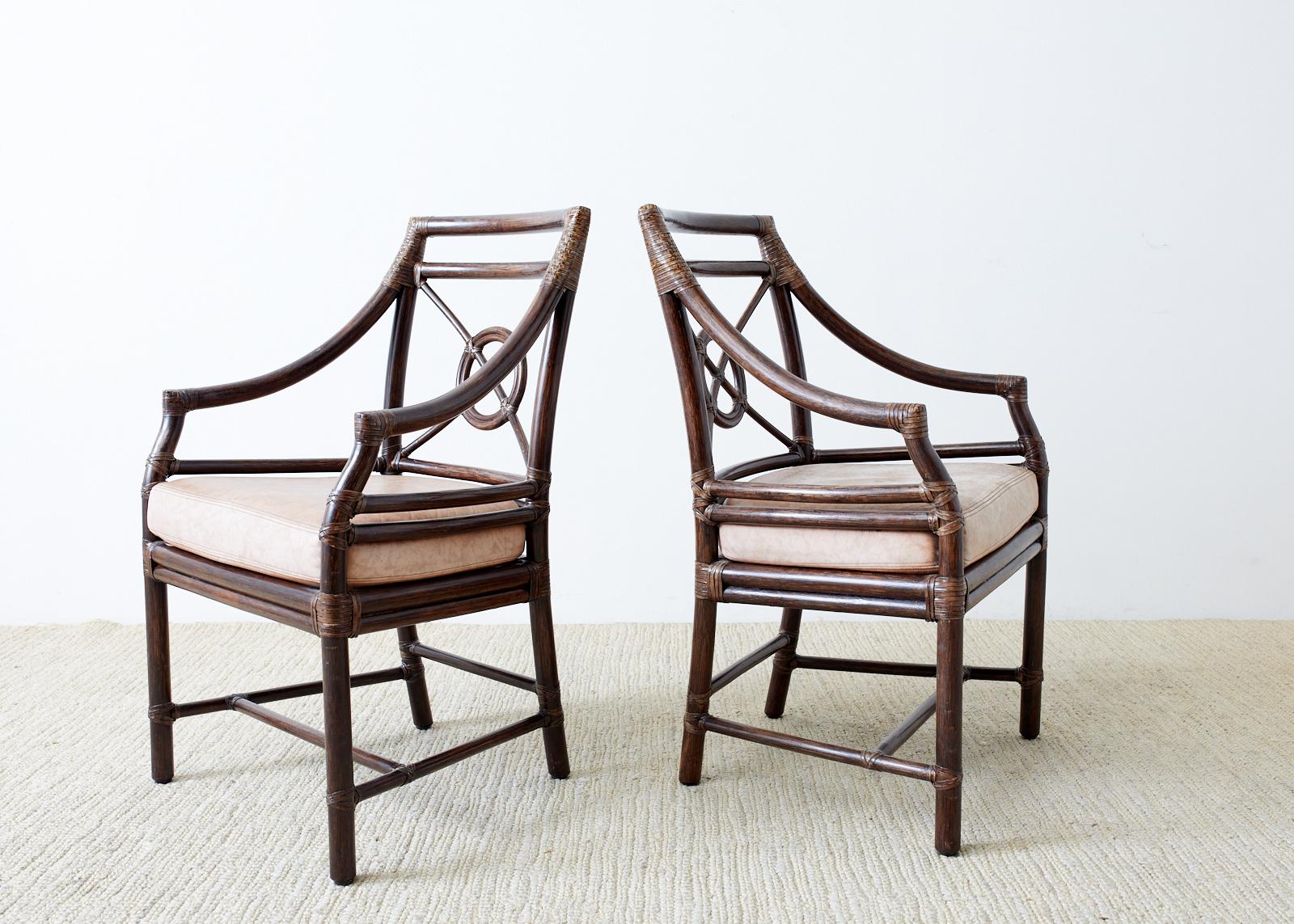 Set of Four McGuire Rattan Leather Target Dining Chairs In Good Condition In Rio Vista, CA