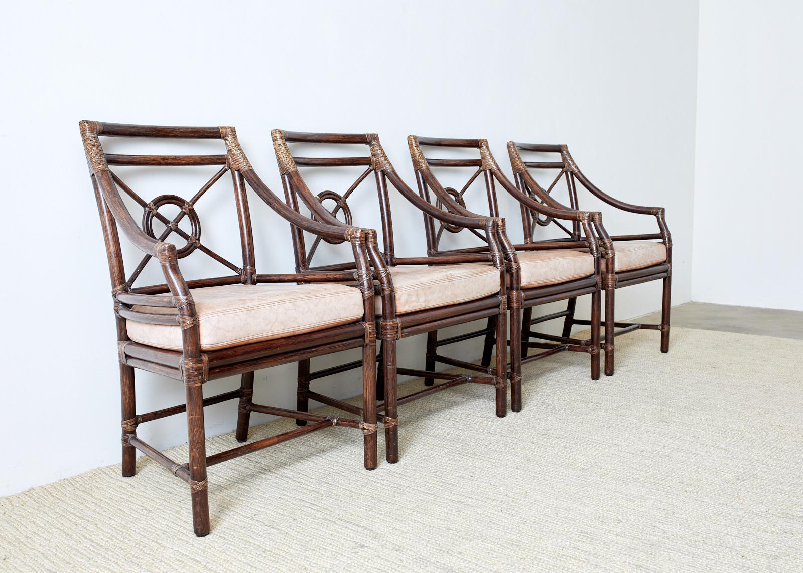 20th Century Set of Four McGuire Rattan Leather Target Dining Chairs