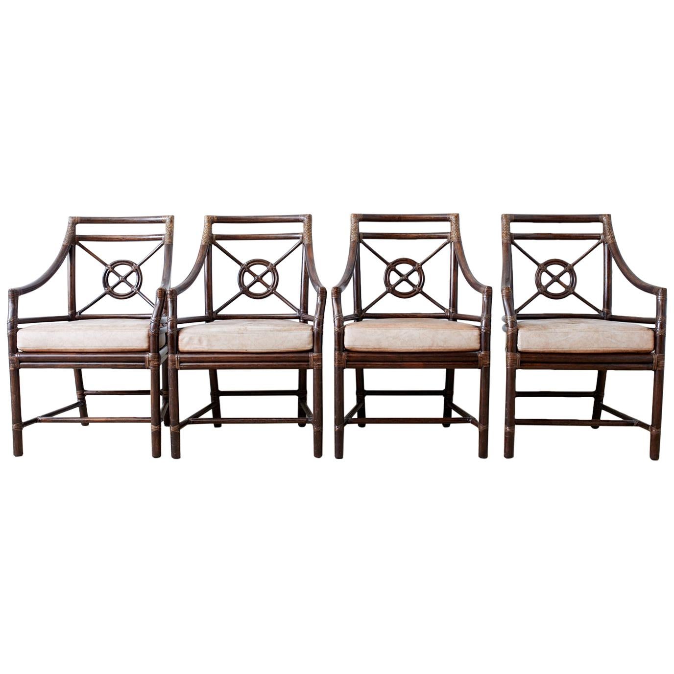 Set of Four McGuire Rattan Leather Target Dining Chairs