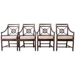 Vintage Set of Four McGuire Rattan Leather Target Dining Chairs