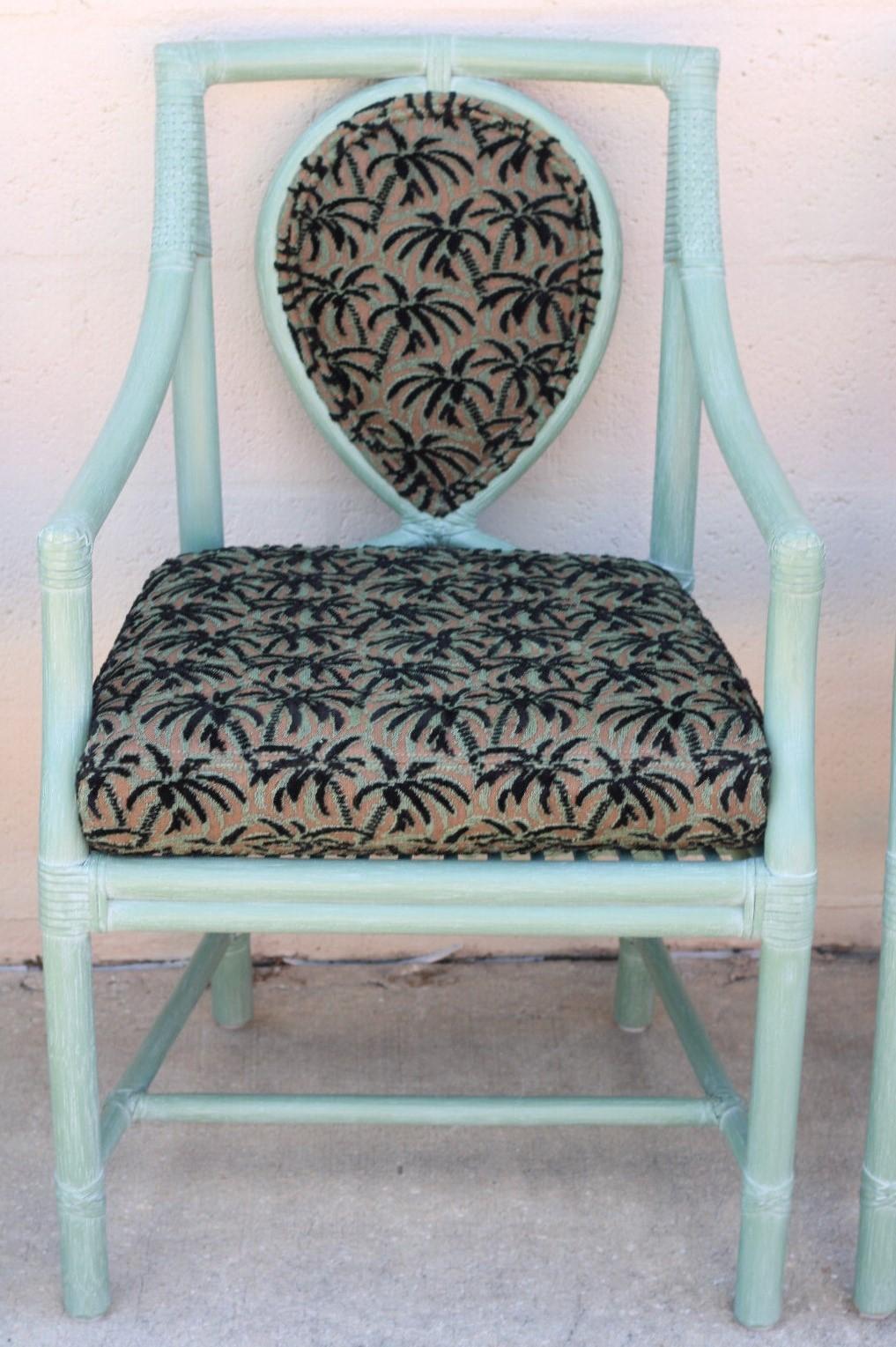 Bamboo Set of Four McGuire Rattan Leona Loop Back Dining Arm Chairs For Sale