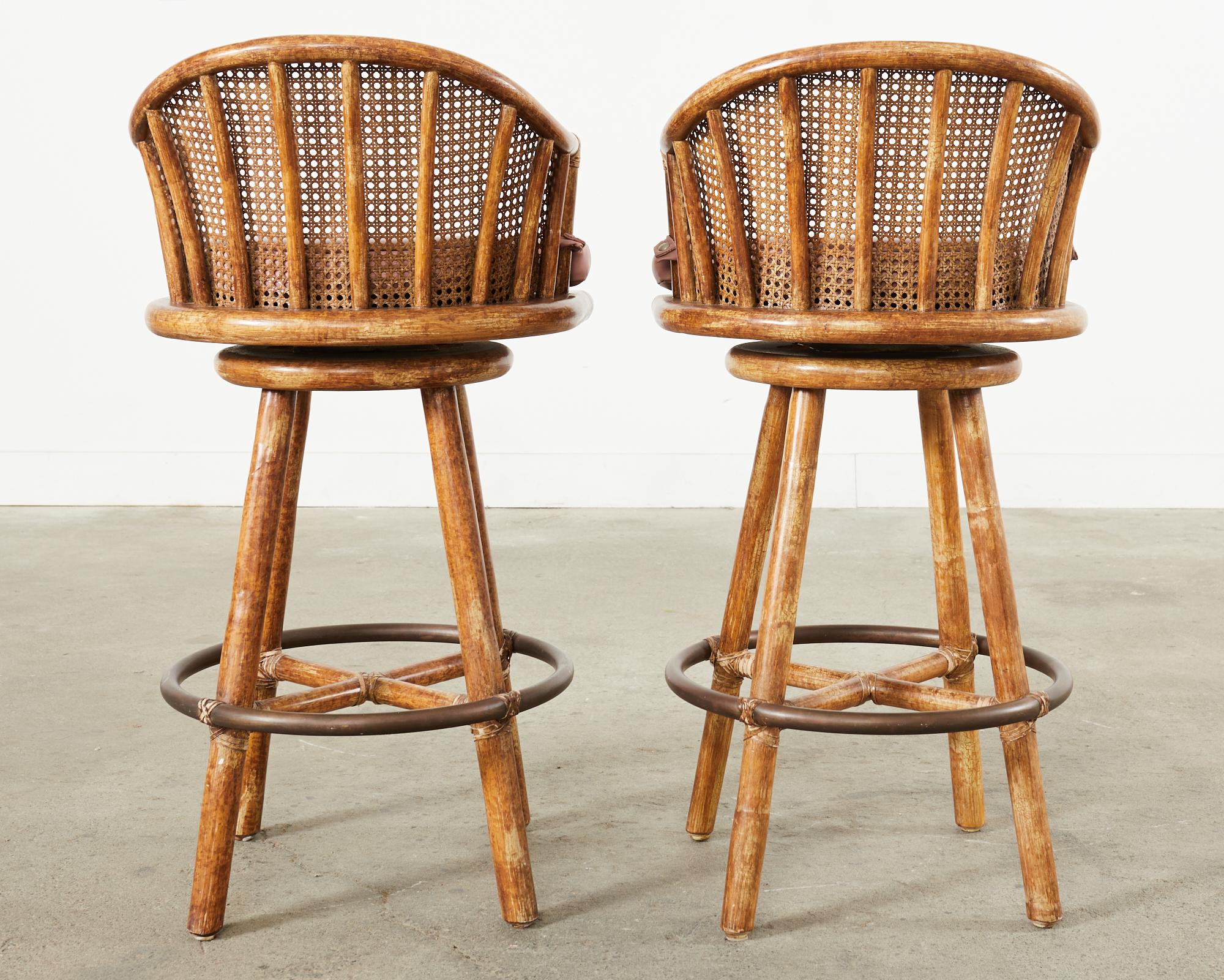 Set of Four McGuire Rattan Oak Caned Back Bar Stools 4