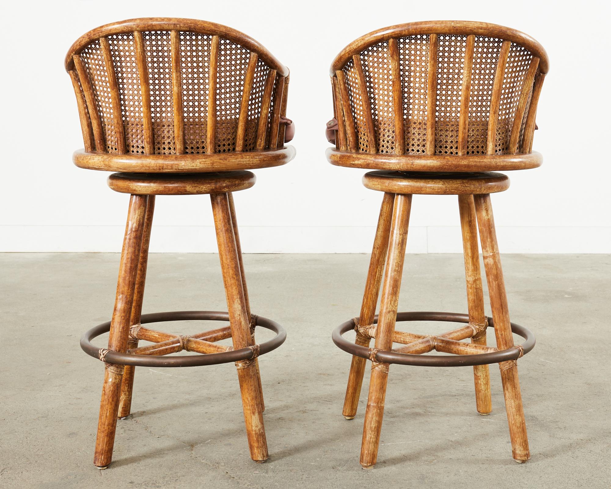 Set of Four McGuire Rattan Oak Caned Back Bar Stools  For Sale 7