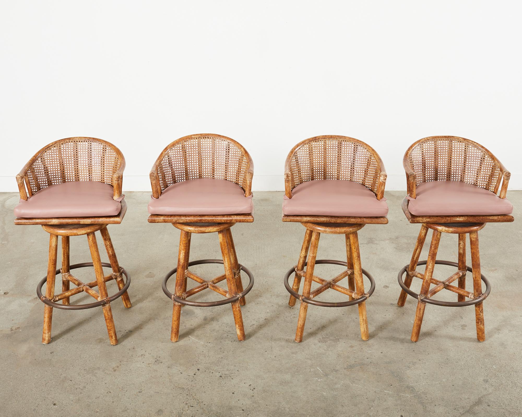 Organic Modern Set of Four McGuire Rattan Oak Caned Back Bar Stools  For Sale