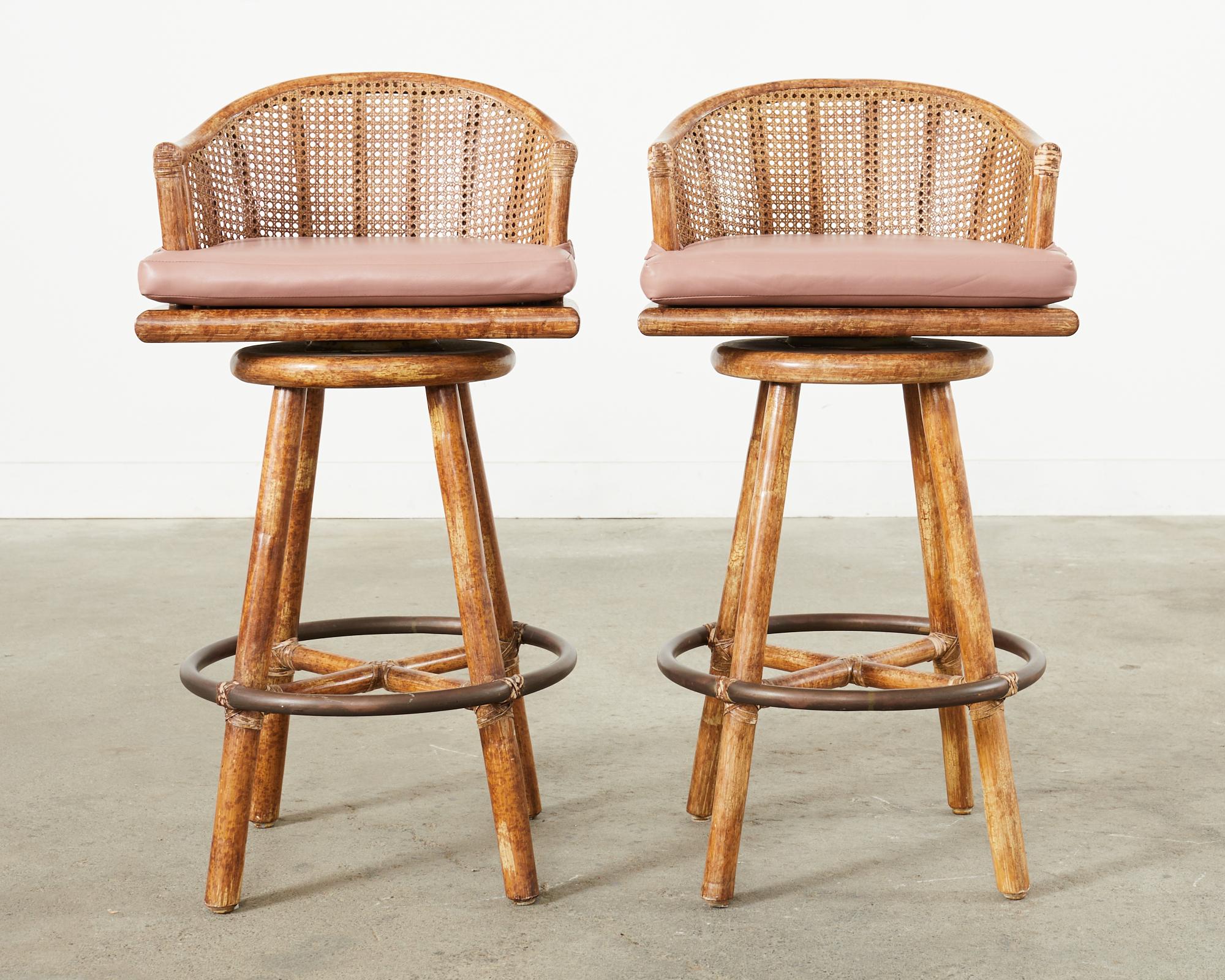 American Set of Four McGuire Rattan Oak Caned Back Bar Stools  For Sale