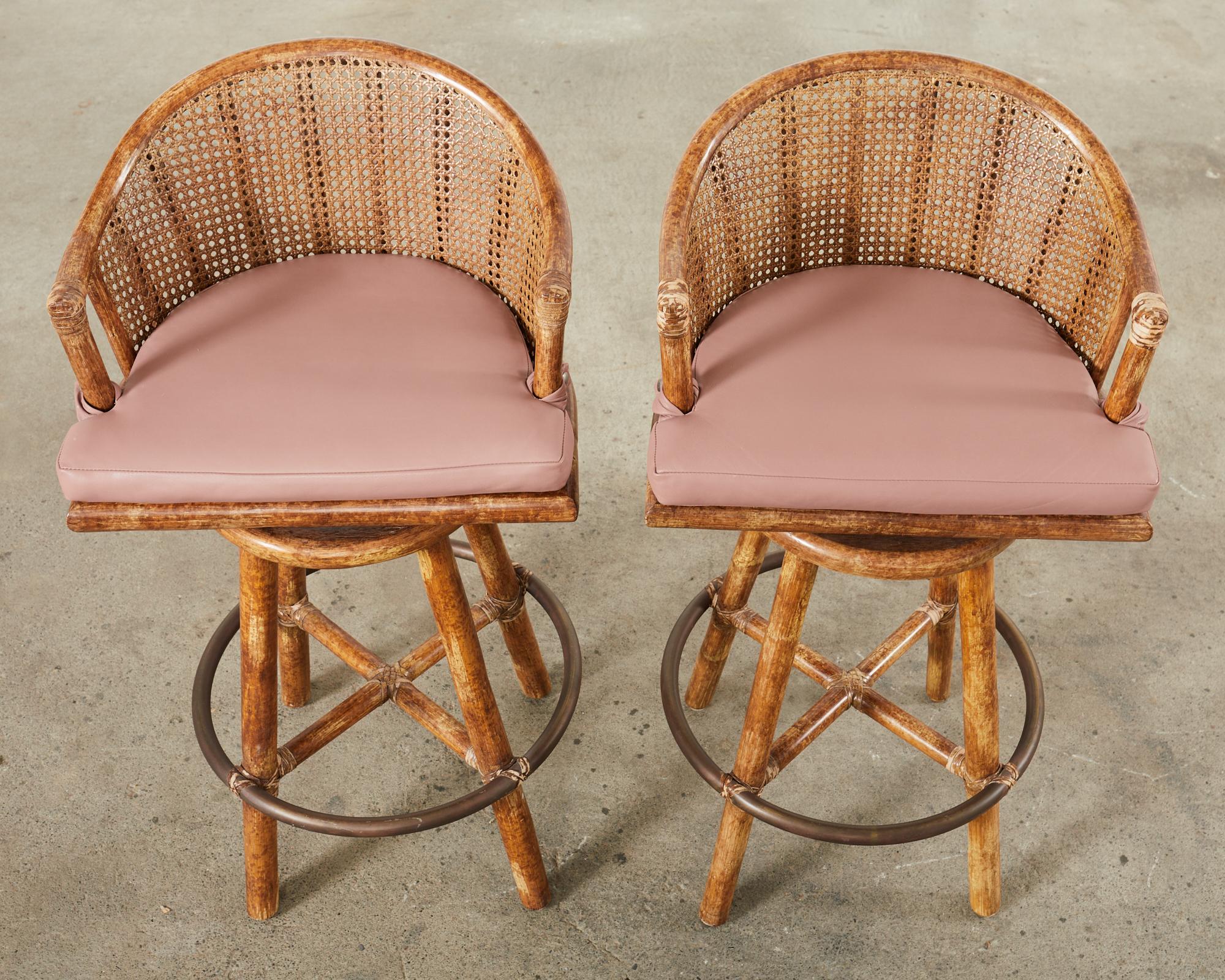 Hand-Crafted Set of Four McGuire Rattan Oak Caned Back Bar Stools  For Sale