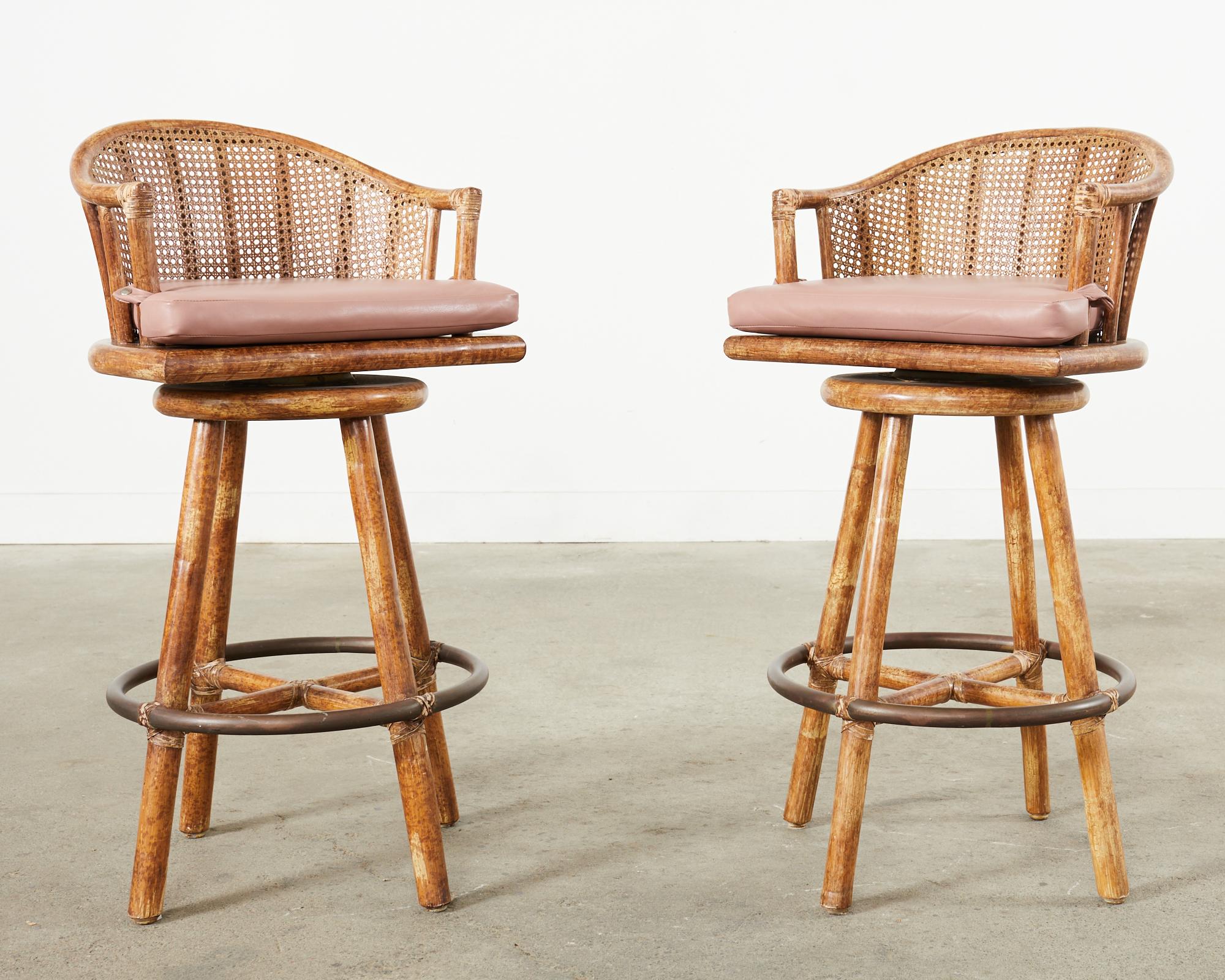 Set of Four McGuire Rattan Oak Caned Back Bar Stools  In Good Condition For Sale In Rio Vista, CA
