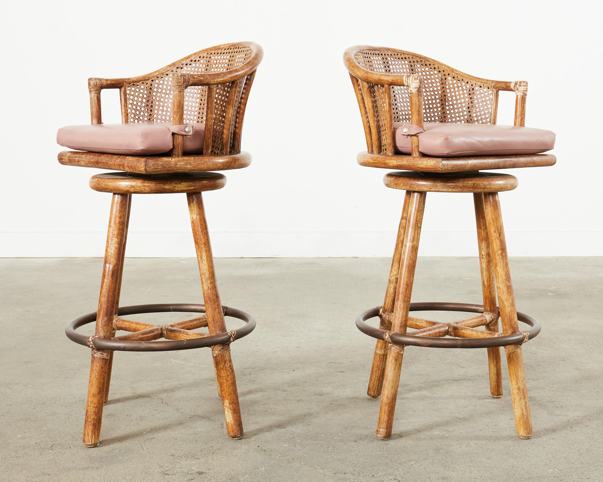 20th Century Set of Four McGuire Rattan Oak Caned Back Bar Stools  For Sale