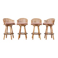 Set of Four McGuire Rattan Oak Caned Back Bar Stools