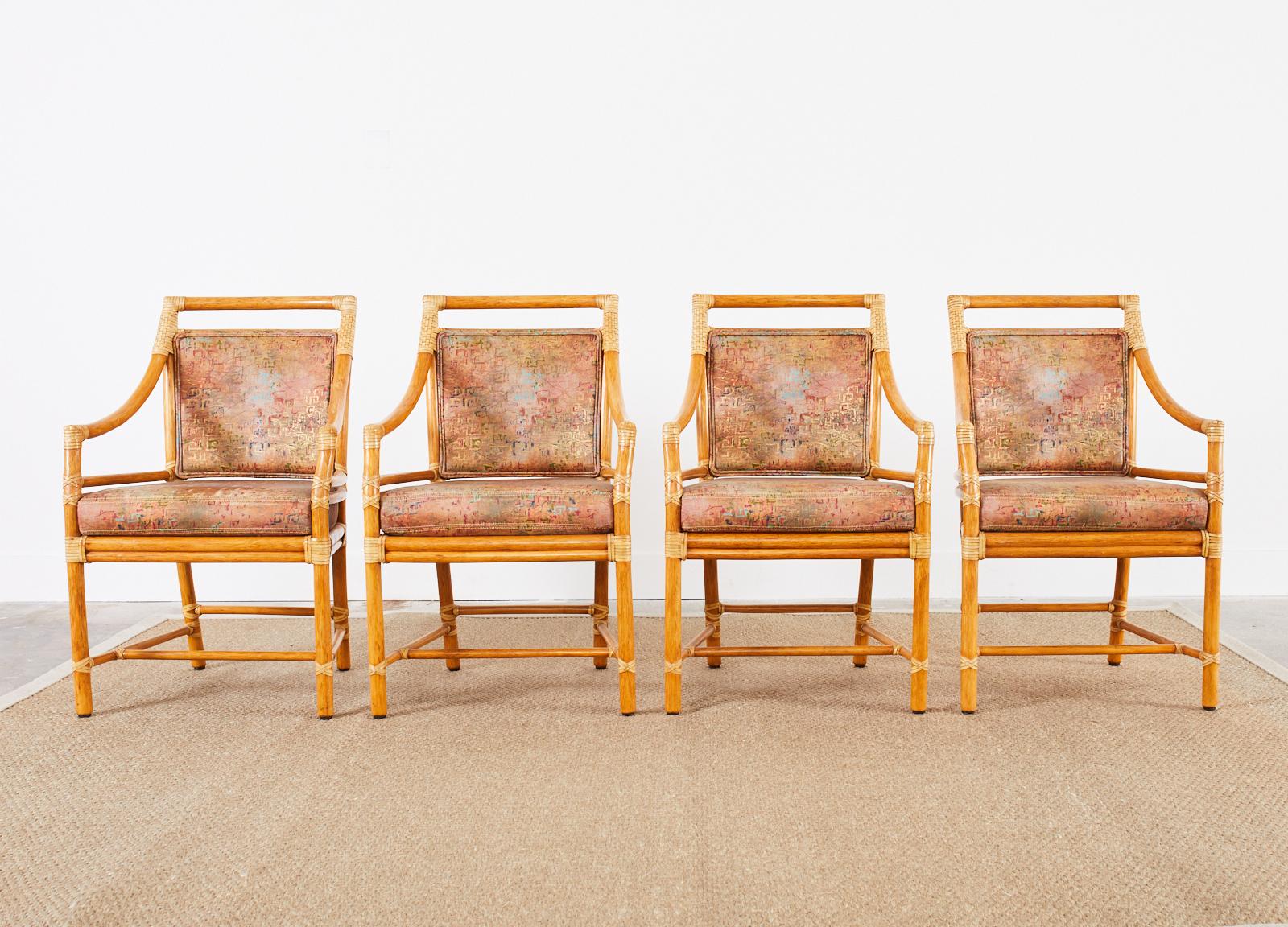 Organic Modern Set of Four McGuire Rattan Target Back Dining Armchairs