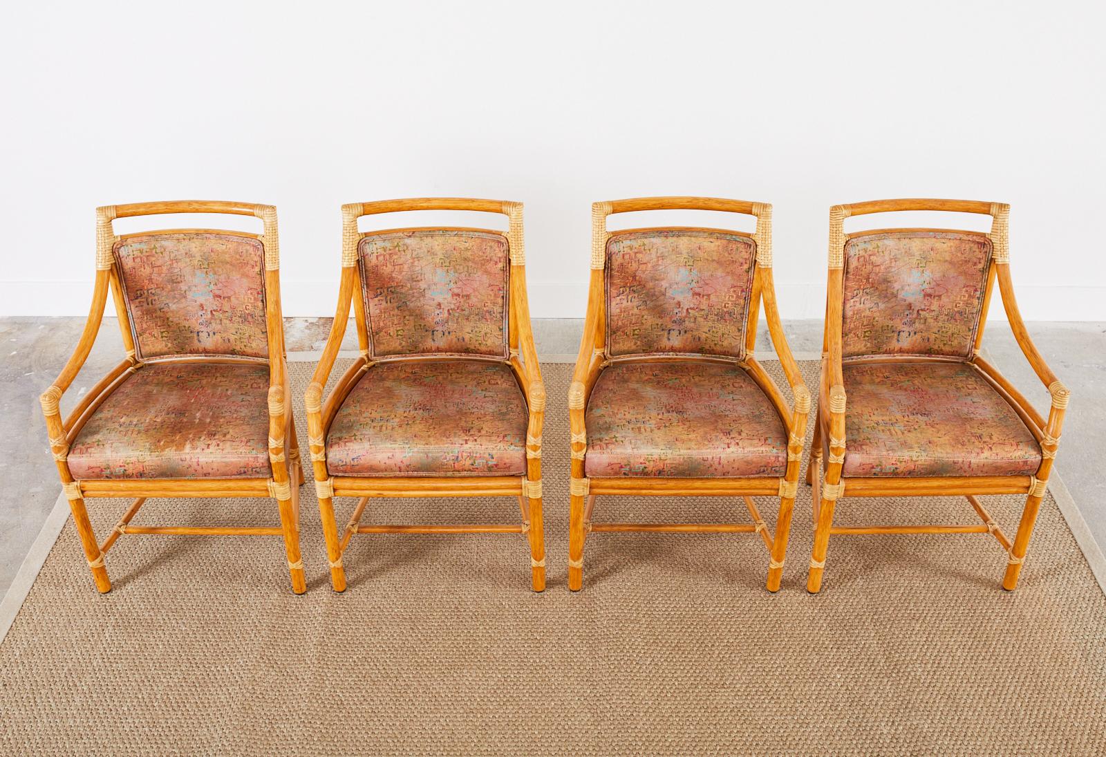 American Set of Four McGuire Rattan Target Back Dining Armchairs