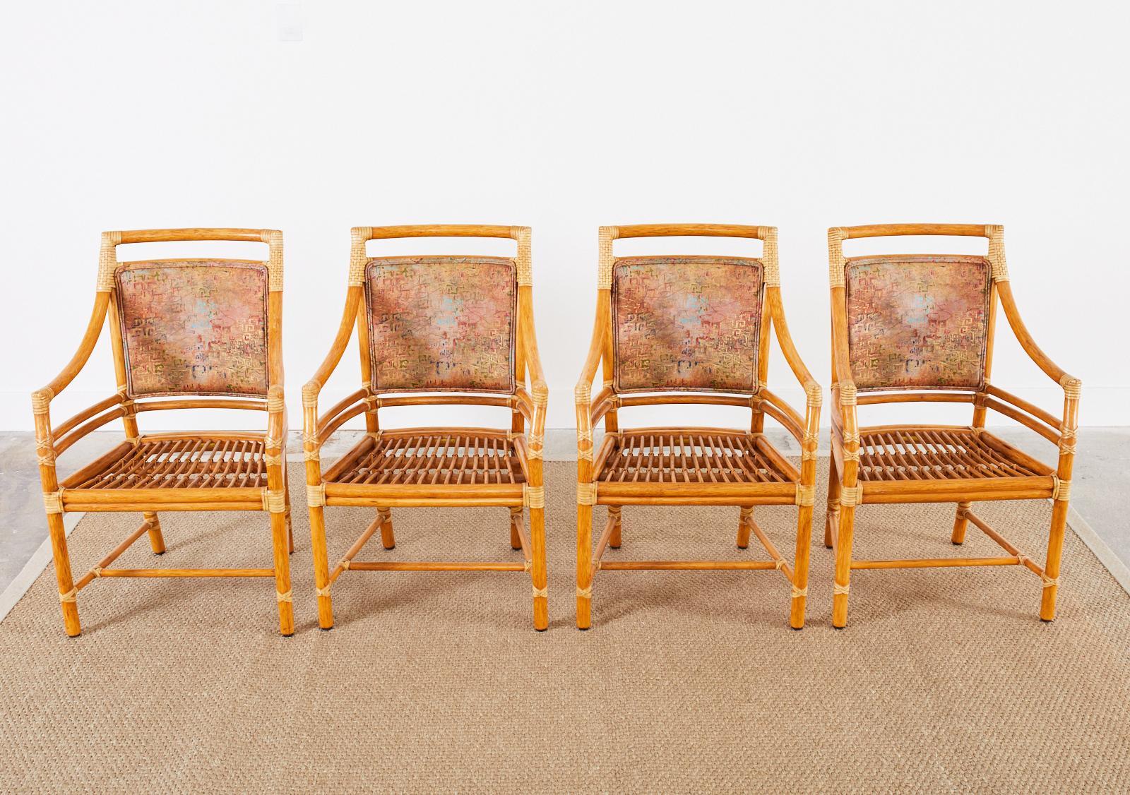 Hand-Crafted Set of Four McGuire Rattan Target Back Dining Armchairs