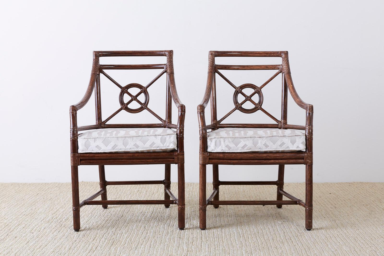 Contemporary Set of Four McGuire Rattan Target Back Dining Chairs